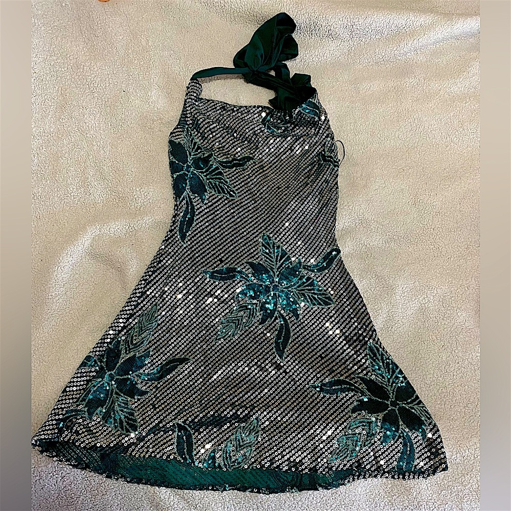 Sparkling Teal & Silver Sequin Halter Dress